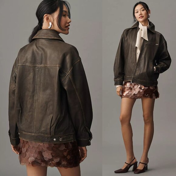 Reformation‎ Veda Marco Pitstop Brown Leather Oversized Bomber Jacket Size XL - Picture 16 of 16